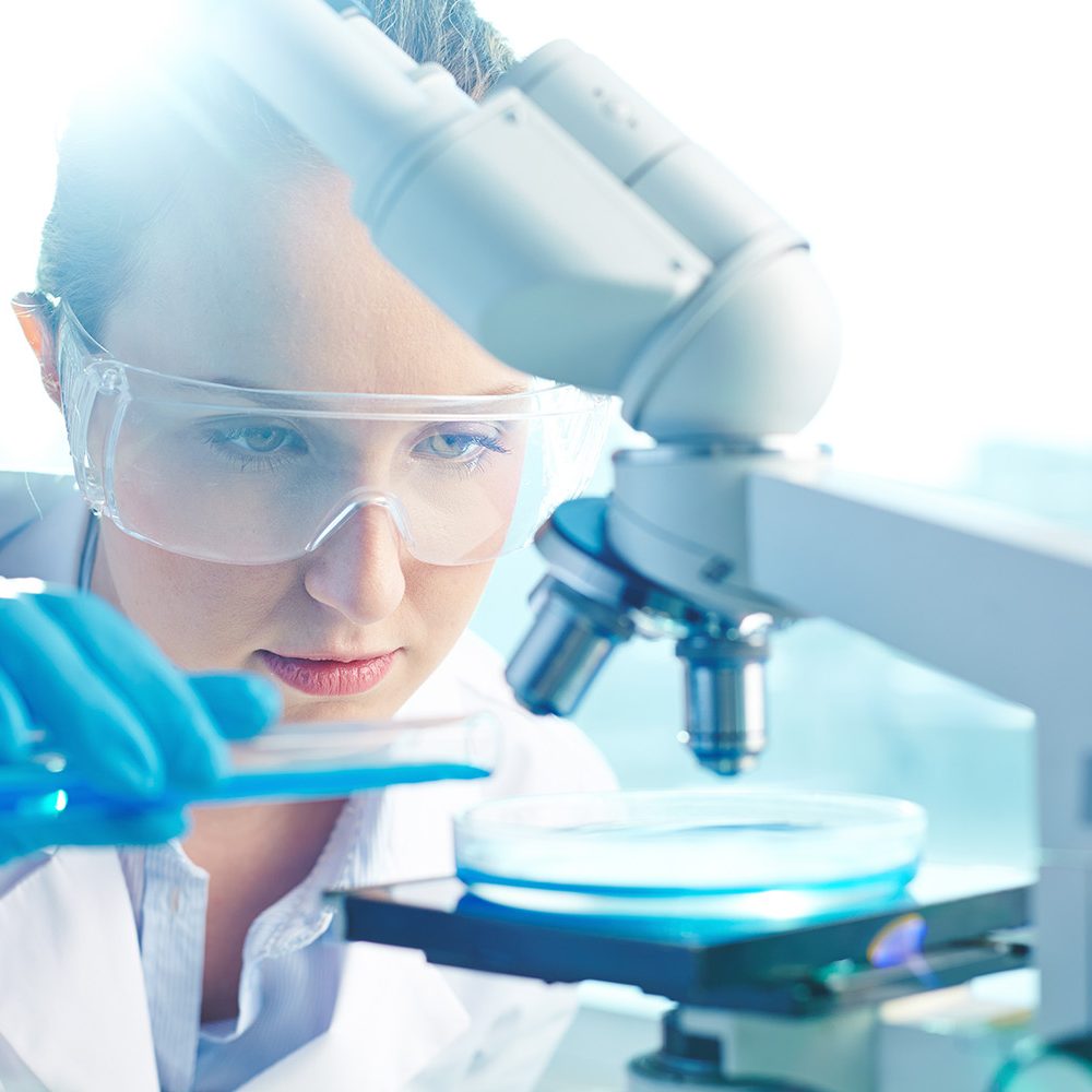 Female researcher using her microscope in a laboratory