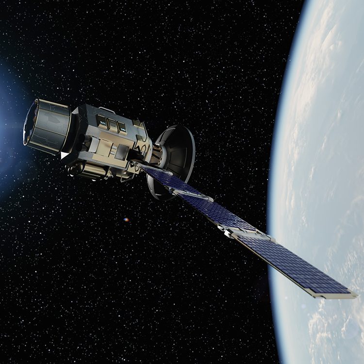 Satellite flying over the Earth atmosphere in Space. 3d Rendering.